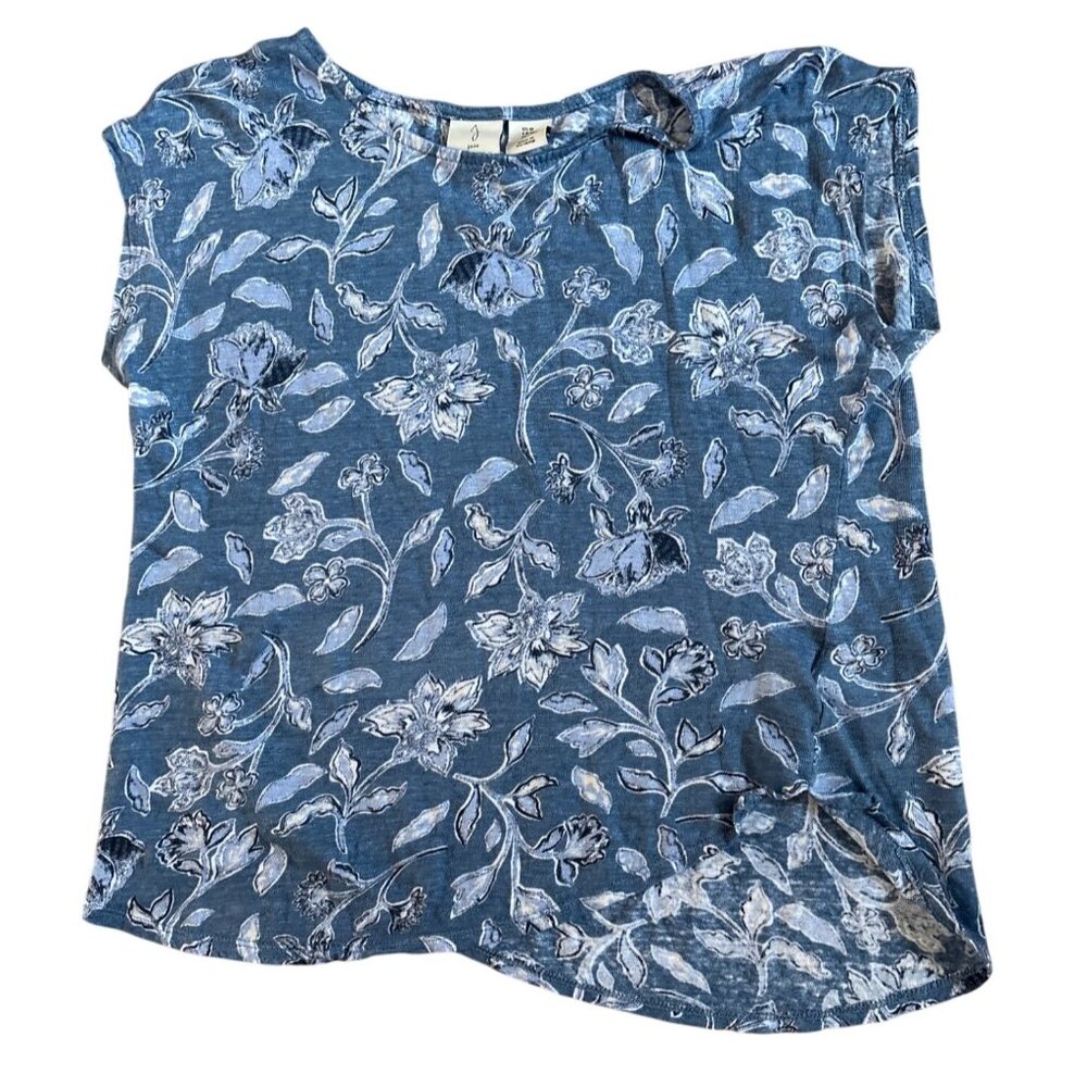 Joie Womens Top Med Blue Floral 100% Linen Cap Sleeve Asymmetric Hem Blouse